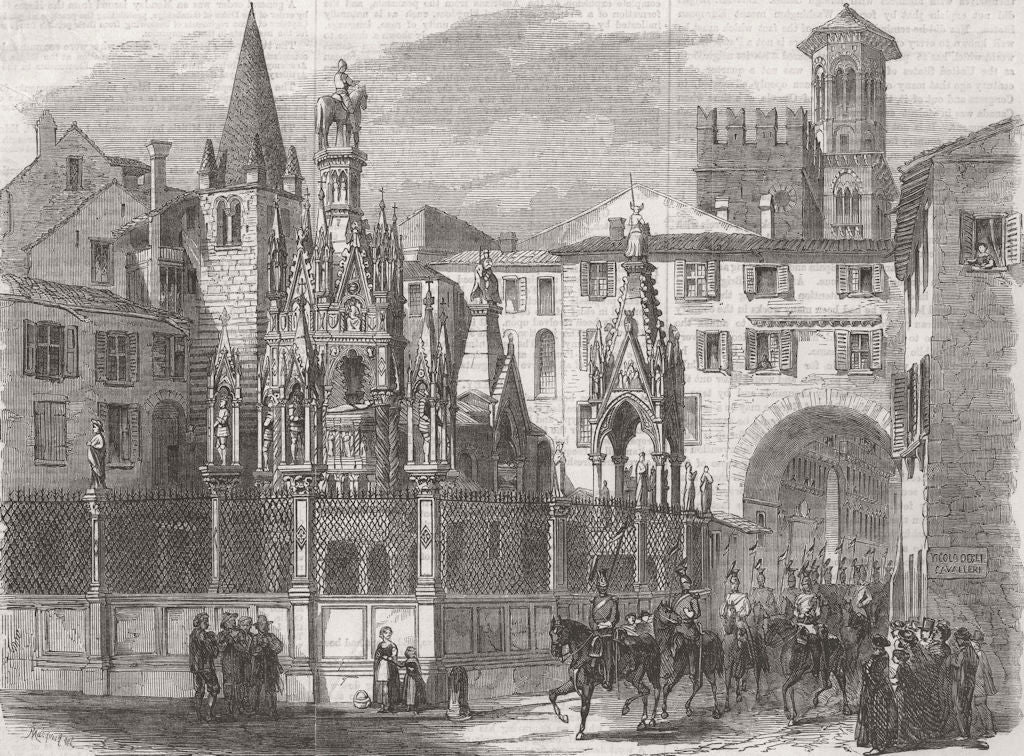 AUSTRIA. Austrian Lancers at Scaligers tombs, Verona 1859 old antique print